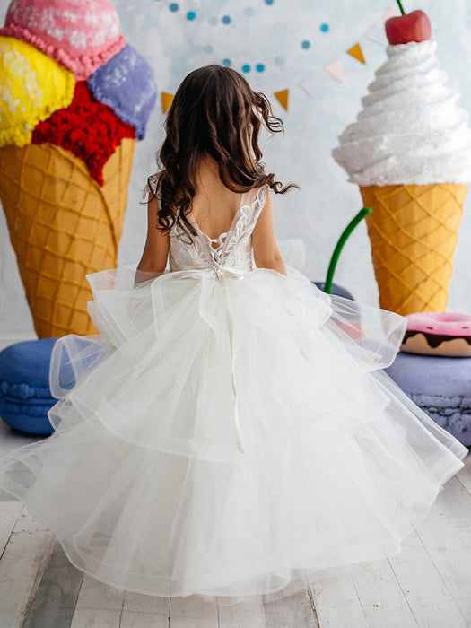 Flower Girl Dresses Jewel Neck Short Sleeves Tiered Kids Pageant Dresses