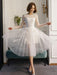Short Wedding Dresses White Lace Long Sleeve Illusion Tea Length Bridal Dress