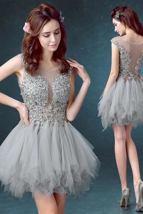 Silver Gray Tulle Scoop Unique Junior Homecoming with appliques Graduation Dress - Prom Dresses