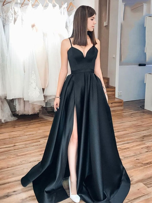 Simple A Line Satin Black Long Prom Dresses with High Slit, Long Black Formal Dresses, Black Evening Dresses