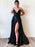 Simple A Line V Neck Black Satin Long Prom Dresses with High  Cheap V Neck Black Formal Graduation Evening Dresses