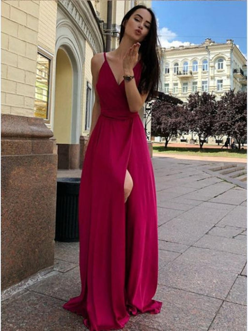 Simple A Line V Neck Green/Burgundy Long Prom Dresses with High Slit, V Neck Green/Burgundy Formal Graduation Evening Dresses