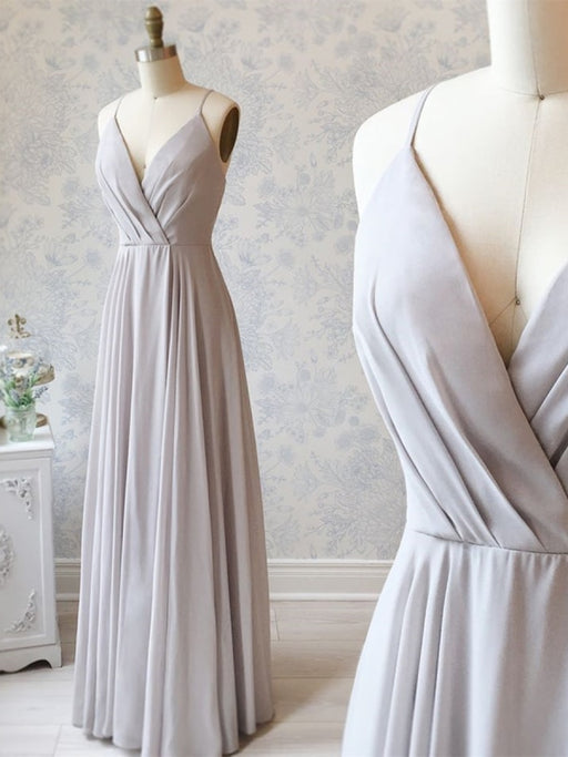 Simple A Line V Neck Long Gray Prom Dresses, V Neck Gray Formal Graduation Evening Dresses