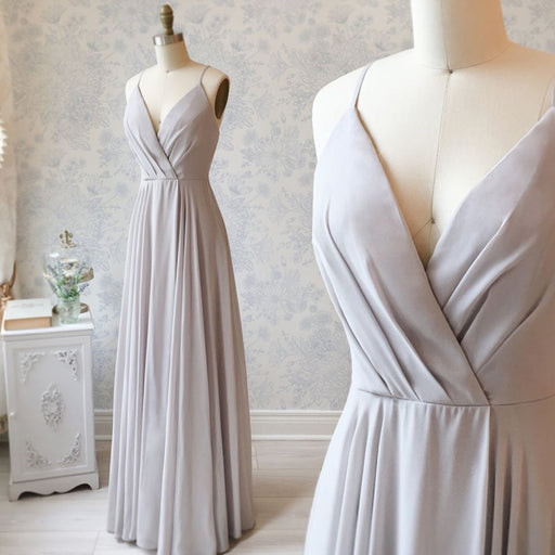 Simple A Line V Neck Long Gray Prom Dresses, V Neck Gray Formal Graduation Evening Dresses