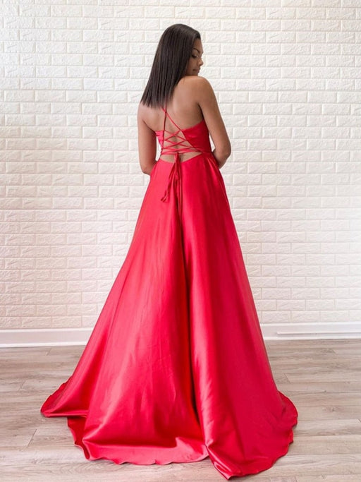 Simple A Line V Neck Red Satin Long Prom Dresses with Slit, V Neck Red Formal Dresses, Red Evening Dresses