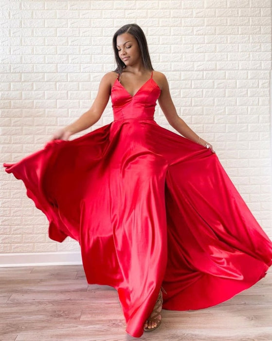 Simple A Line V Neck Red Satin Long Prom Dresses with Slit, V Neck Red Formal Dresses, Red Evening Dresses