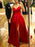 Simple A Line V Neck Red Satin Long Prom Dresses with Slit, Red V Neck Formal Graduation Evening Dresses