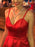 Simple A Line V Neck Red Satin Long Prom Dresses with Slit, Red V Neck Formal Graduation Evening Dresses