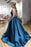 Simple Backless Blue Satin Long Prom Dresses with Pocket, Thin Strap Blue Formal Evening Dresses