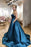 Simple Backless Blue Satin Long Prom Dresses with Pocket, Thin Strap Blue Formal Evening Dresses