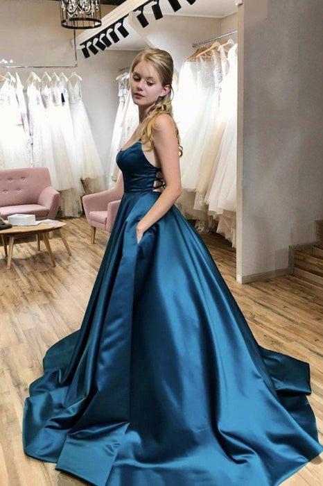 Simple Backless Blue Satin Long Prom Dresses with Pocket, Thin Strap Blue Formal Evening Dresses