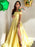 Simple Off Shoulder Yellow Satin Long Prom Dresses with Slit, Off Shoulder Yellow Formal Dresses, Yellow Evening Dresses