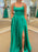 Simple Open Back Green Satin Long Prom Dresses with High Slit, Long Green Formal Graduation Evening Dresses 