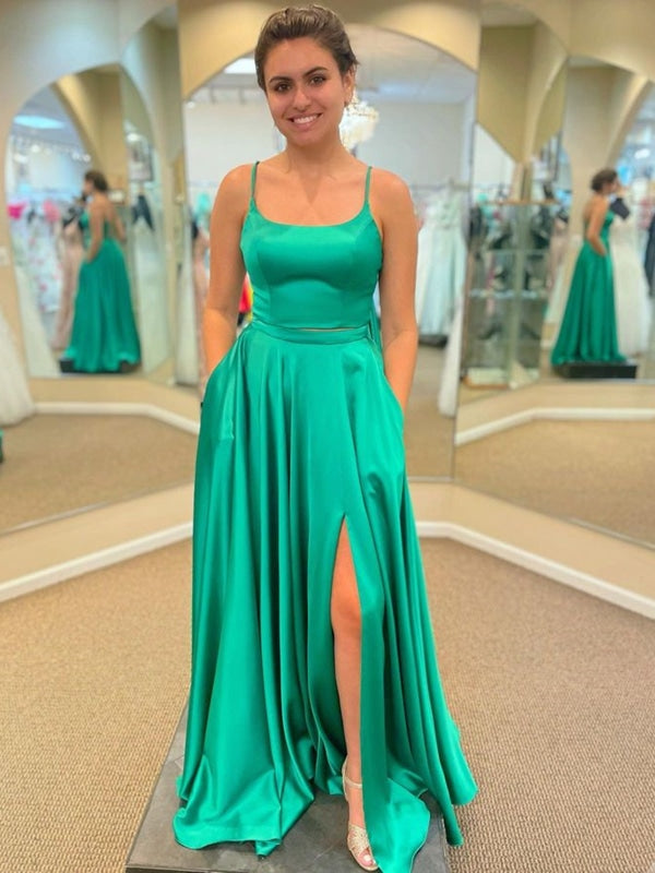 Simple Open Back Green Satin Long Prom Dresses With High Slit Long Gr — Bridelily 5979