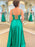 Simple Open Back Green Satin Long Prom Dresses with High Slit, Long Green Formal Graduation Evening Dresses 