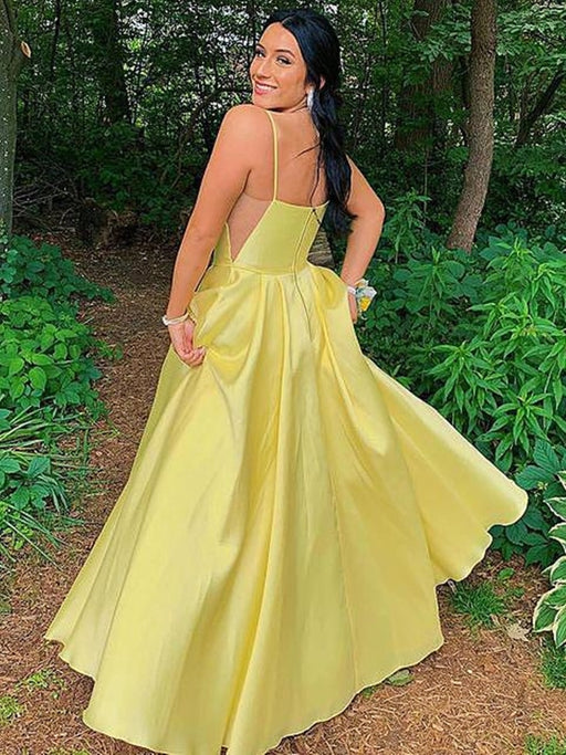 Simple Open Back Yellow Satin Long Prom Dresses with Pocket, Thin Straps Yellow Formal Graduation Evening Dresses 