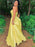 Simple Open Back Yellow Satin Long Prom Dresses with Pocket, Thin Straps Yellow Formal Graduation Evening Dresses 