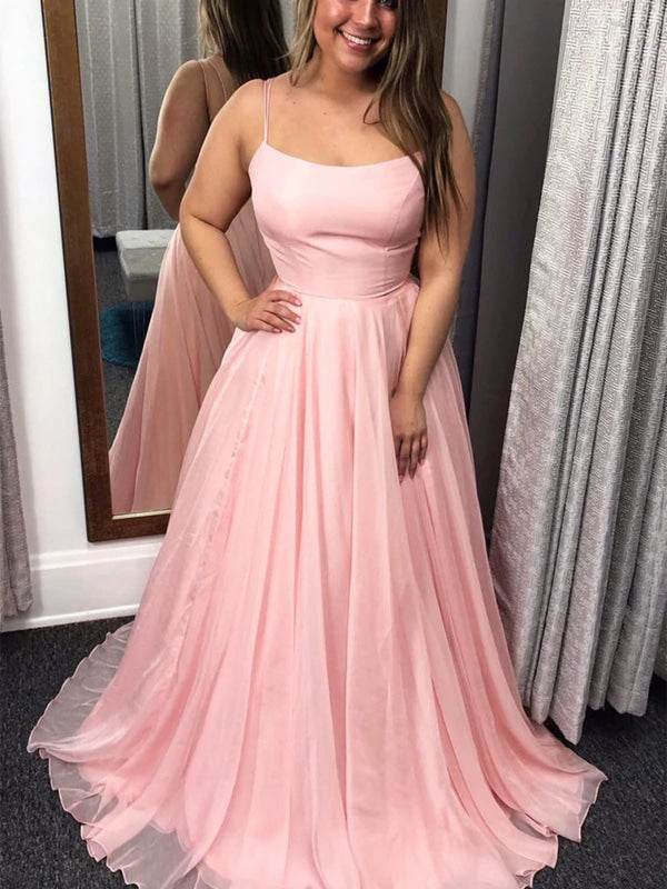 Simple Pink Tulle Long Prom Dresses, Long Pink Formal Graduation Evening Dresses 