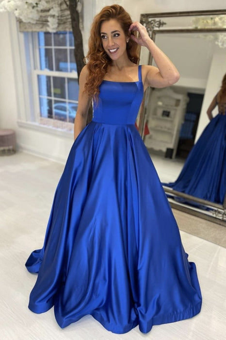 Simple Royal Blue Satin Long Prom Dresses, Royal Blue Formal Graduation Evening Dresses