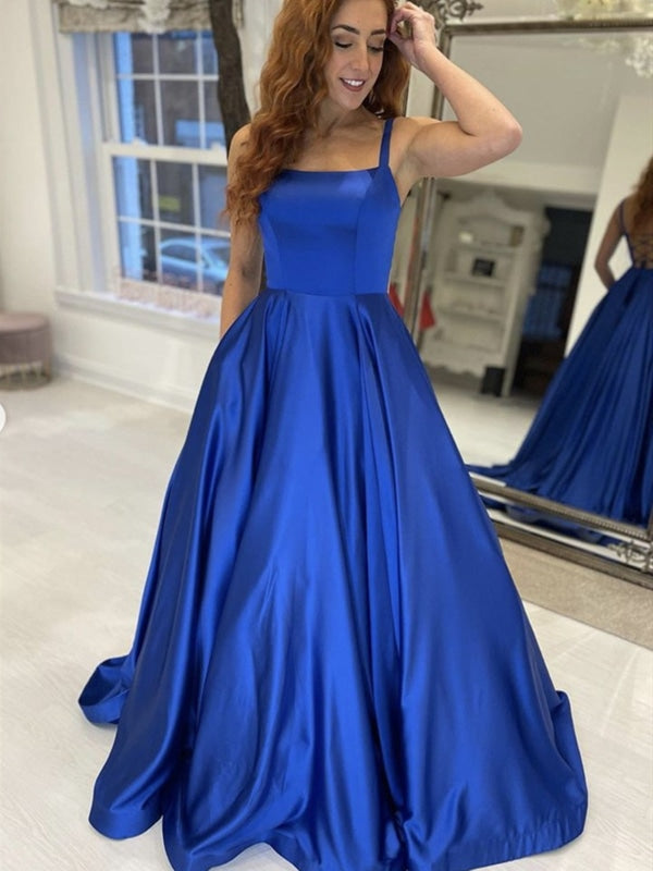 Simple Royal Blue Satin Long Prom Dresses, Royal Blue Formal Graduation Evening Dresses