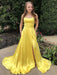 Simple Scoop Neck Yellow Satin Long Prom Dresses with Slit, Yellow Formal Graduation Evening Dresses
