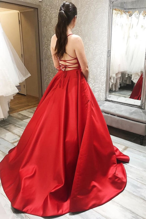 Simple tti Straps Long Backless Red Prom Dresses 2020, Backless Red Formal Graduation Evening Dresses, Red Party Dresses