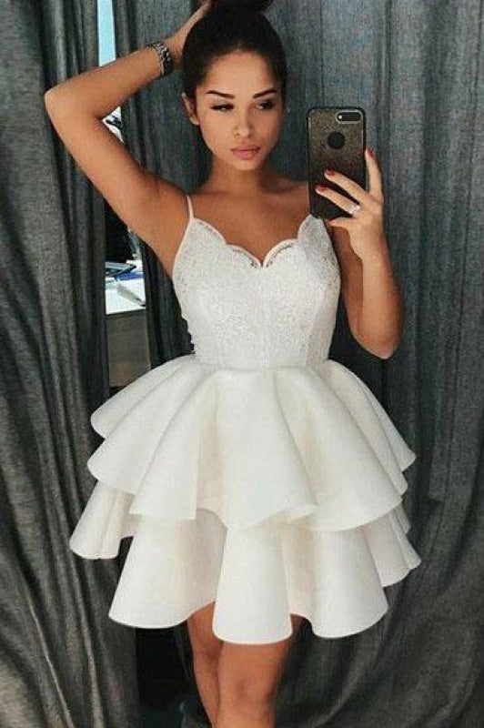 Simple Spaghetti Straps Short Homecoming with Lace Satin Graduation Dress - Prom Dresses