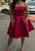 Simple Strapless Cheap Beaded Dark Red Homecoming Dresses with Pockets - Prom Dresses