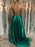 Simple V Neck Backless Green Satin Long Prom Dresses with High Slit Backless Green Formal Dresses Green Evening Dresses - Prom Dress