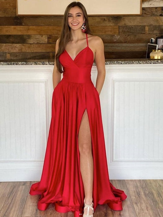 Simple V Neck Backless Red Satin Long Prom Dresses with High Slit V N Bridelily