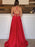 Simple V Neck Backless Red Satin Long Prom Dresses with High Slit, V Neck Red Formal Dresses, Red Evening Dresses 