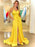 Simple V Neck Backless Yellow Satin Long Prom Dresses with Slit, Long Yellow Formal Evening Dresses