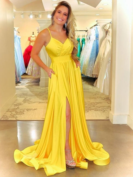 Simple V Neck Backless Yellow Satin Long Prom Dresses with Slit, Long Yellow Formal Evening Dresses