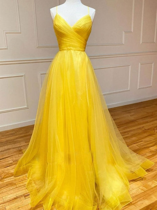 Simple V Neck Backless Yellow Tulle Long Prom Dresses, V Neck Yellow Long Formal Evening Dresses