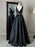 Simple V Neck Black Satin Long Prom Dresses with Belt, V Neck Black Formal Graduation Evening Dresses 