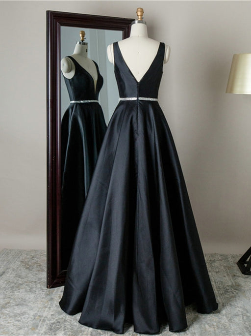 Simple V Neck Black Satin Long Prom Dresses with Belt, V Neck Black Formal Graduation Evening Dresses 