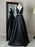 Simple V Neck Black Satin Long Prom Dresses with Belt, V Neck Black Formal Graduation Evening Dresses 