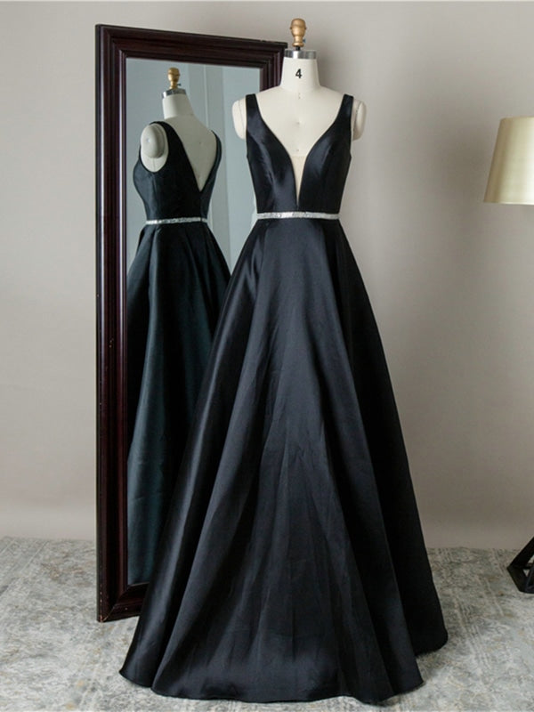 Simple V Neck Black Satin Long Prom Dresses with Belt, V Neck Black Formal Graduation Evening Dresses 