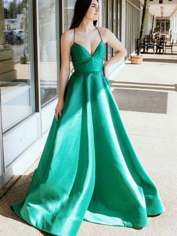 Simple V Neck Green Satin Long Prom Dresses, V Neck Green Formal Graduation Evening Dresses