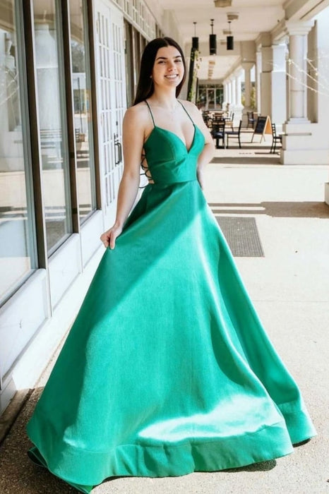 Simple V Neck Green Satin Long Prom Dresses, V Neck Green Formal Graduation Evening Dresses