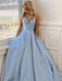 Simple V Neck Light Blue Satin Long Prom Dresses, V Neck Light Blue Formal Graduation Evening Dresses 