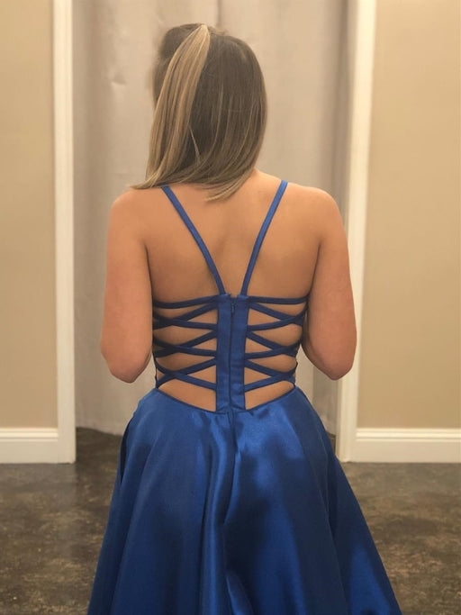 Simple V Neck Long Royal Blue Prom Dresses with Straps, Royal Blue Formal Graduation Evening Dresses