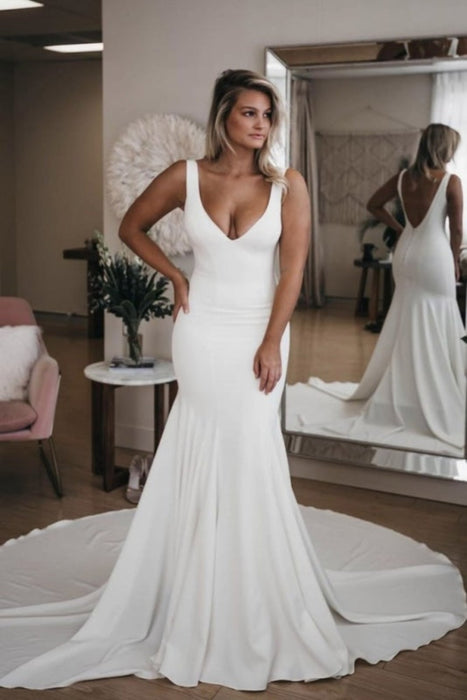 Simple V Neck Mermaid with Long Train Sexy Backless Beach Wedding Dress - Wedding Dresses