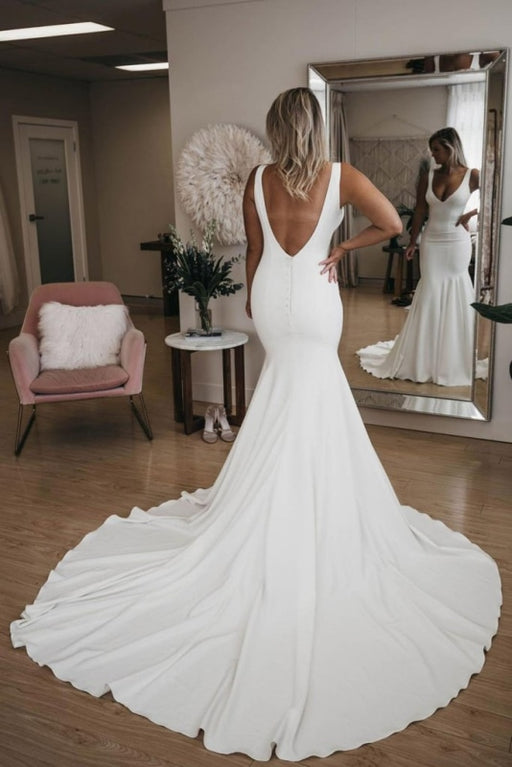 White Simple Wedding Dress With Train Bateau Neck Sleeveless Backless —  Bridelily