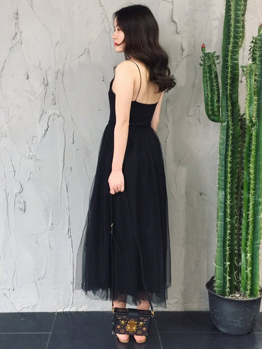 Simple V Neck Open Back Black Tea Length Prom Homecoming Dresses, Thin Straps Black Formal Graduation Evening Dresses