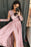 Simple V Neck Prom Long Sleeves Pink Split Evening Dress with Lace - Prom Dresses