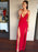 Simple V Neck Red Long Prom Dresses with Double Slit, V Neck Red Formal Graduation Evening Dresses 