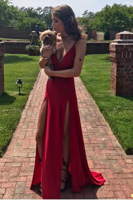 Simple V Neck Red Long Prom Dresses with Double Slit, V Neck Red Formal Graduation Evening Dresses 