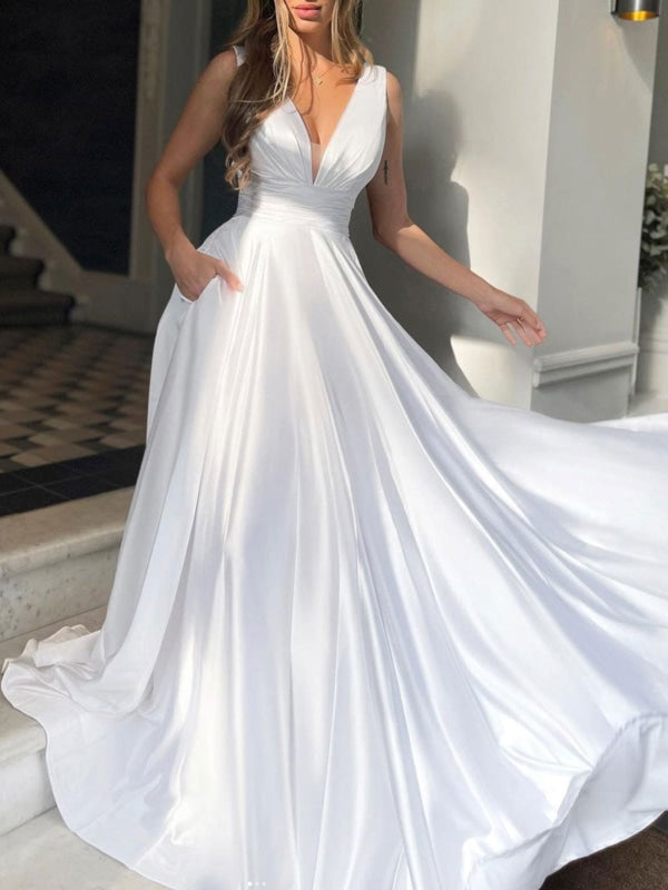 Simple V Neck White/Green Satin Long Prom Dresses, Long White/Green Formal Graduation Evening Dresses 