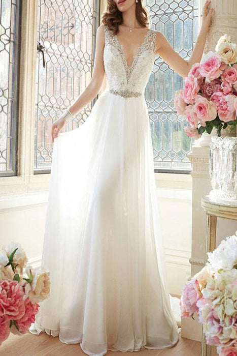 Simple Wedding Dress 2021 A Line V Neck Sleeveless Floor Length Lace Bridal Gowns